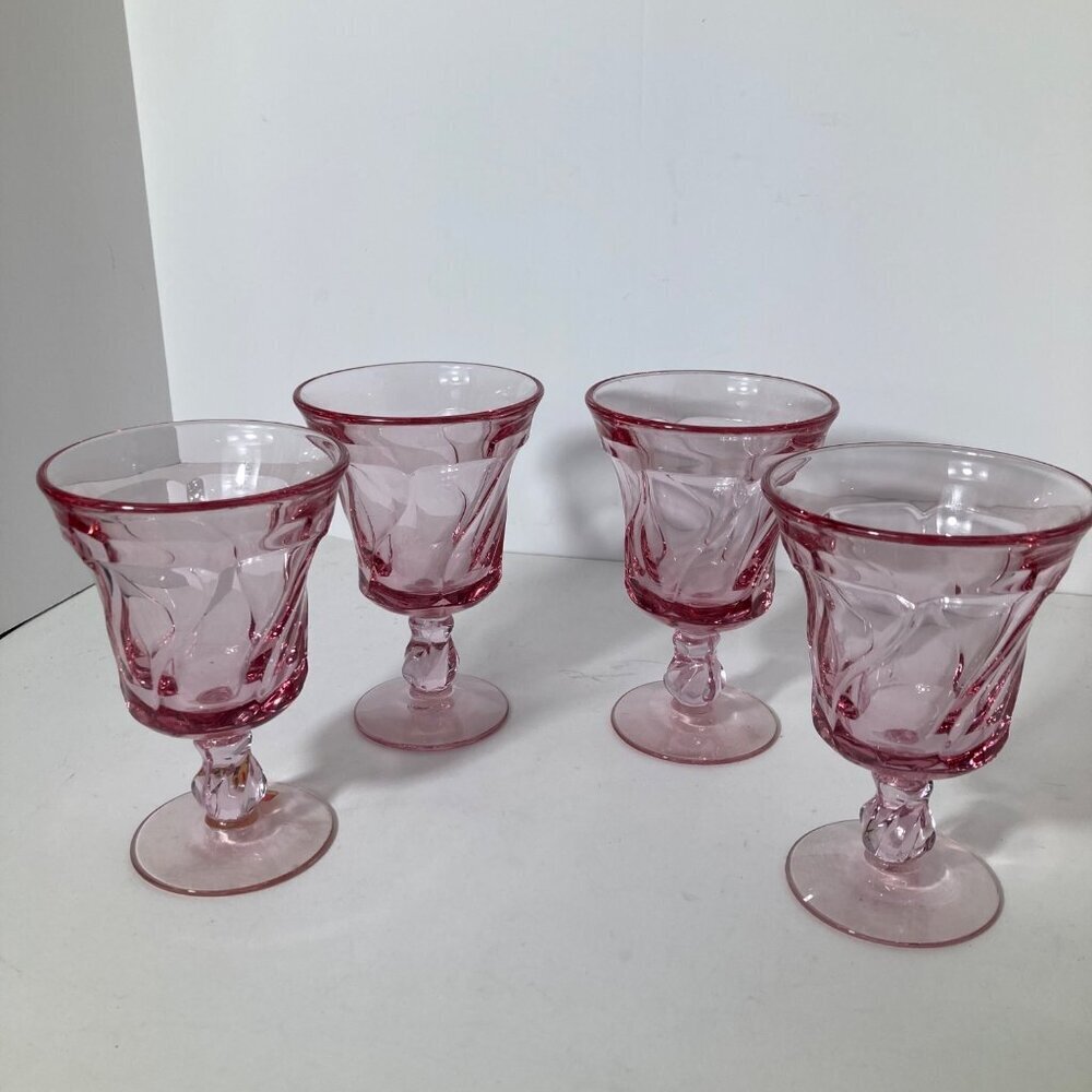 4- Fostoria Mid Century Jamestown Goblets Pink Swirl Twist Glasses 6" 8oz Made i